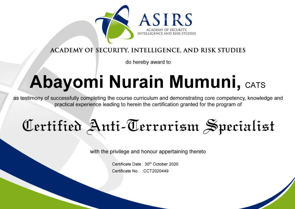 Academy of security, intelligence and risk studies Certified Anti-Terrorism Specialist